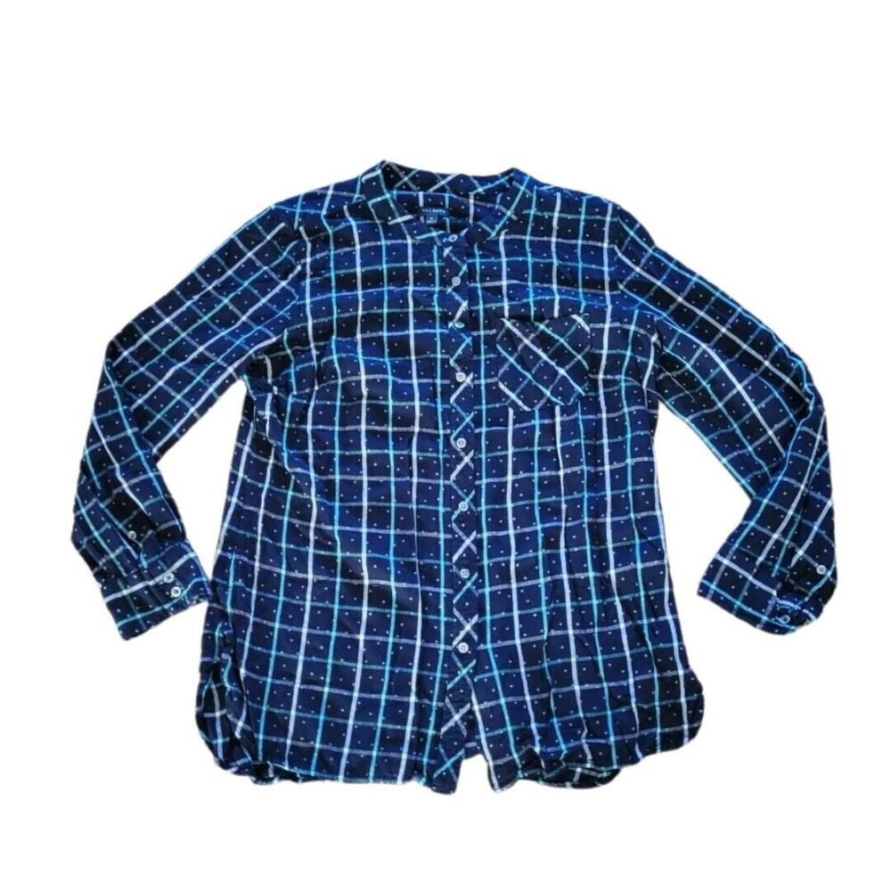 Talbots Top Shirt Womens Medium Blue Green Plaid Polka Dot Flannel Career Office